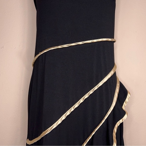 Large Juniors Vintage Y2K La Belle Dress Black Gold Satin Halter Layered Retro - Picture 4 of 13